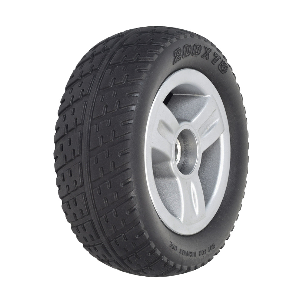 8x2.50 Rear Wheel Assembly for the Go-Go Elite Traveller (SC40E/SC44E) (Blemished), featuring a close-up of a black tire with a silver rim, showcasing its tread and synthetic rubber material.
