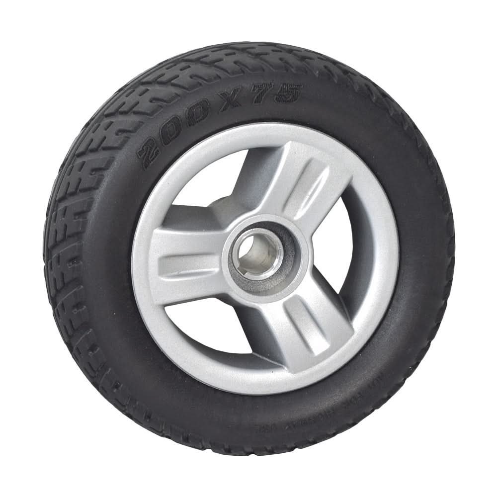8x2.50 Rear Wheel Assembly for the Go-Go Elite Traveller (SC40E/SC44E) featuring a black solid tire with a silver tri-spoke rim, designed for budget-friendly scooter maintenance.