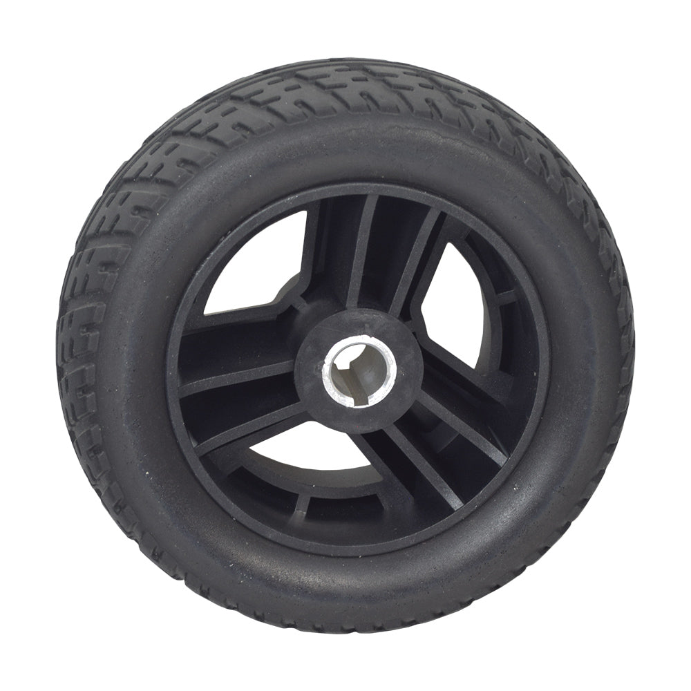 8x2.50 Rear Wheel Assembly for the Go-Go Elite Traveller (SC40E/SC44E) (Blemished) featuring a black wheel with a metal center, designed for scooters, offering flat-free, reliable performance.
