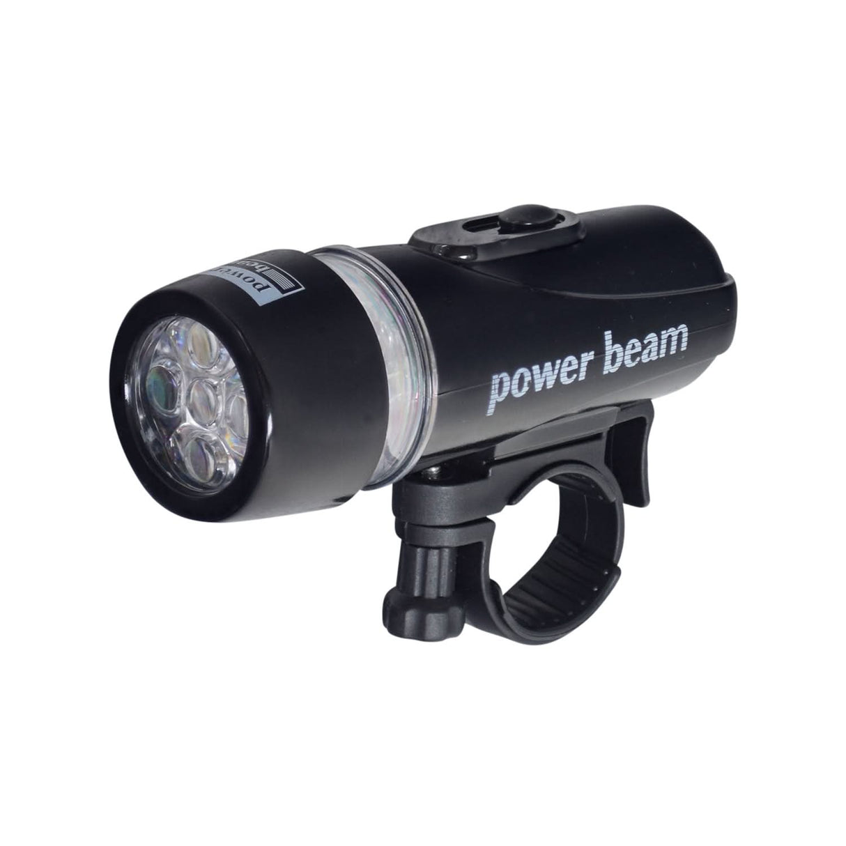 Handlebar Mount LED Bike & Scooter Flashlight, a sleek black light with mounting bracket, providing focused illumination up to 66 feet. Easily removable for versatile use, requires four AAA batteries.