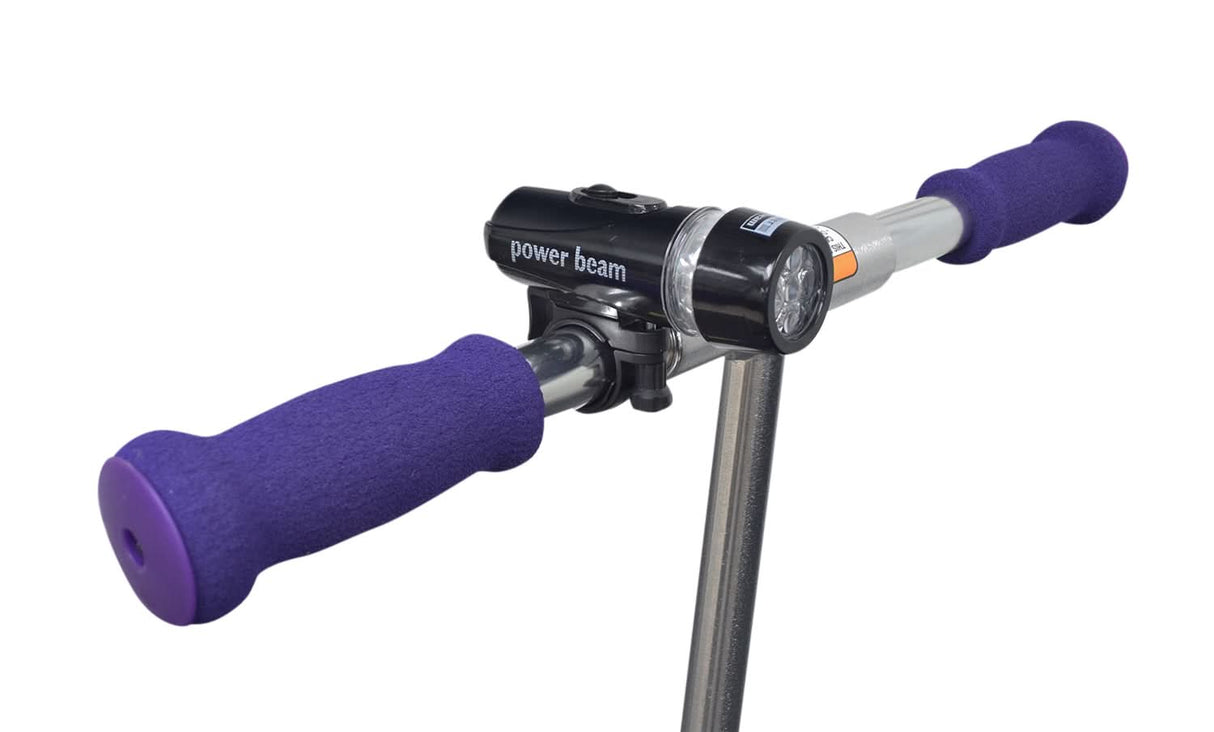 Handlebar Mount LED Bike & Scooter Flashlight, showing a close-up of the mounted flashlight with a releasable bracket on a handlebar, emphasizing its compact, weatherproof design and light-focusing technology.