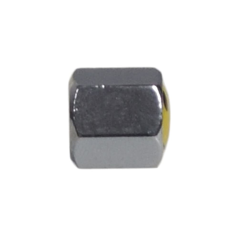 Close-up of a Mister Smiley Chrome Valve Stem Cap featuring a shiny metal barrel and a bright yellow top with a smiley face design, intended for bike or scooter valve stems.