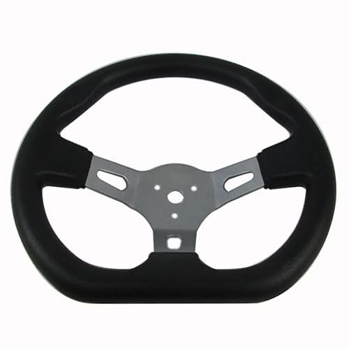 Go-Kart Steering Wheel with Flat Side (Blemished) featuring black design, silver metal spokes, and missing decorative center cap; compatible with Kandi, Hammerhead, Roketa, TaoTao, JCL, SUNL, and more.
