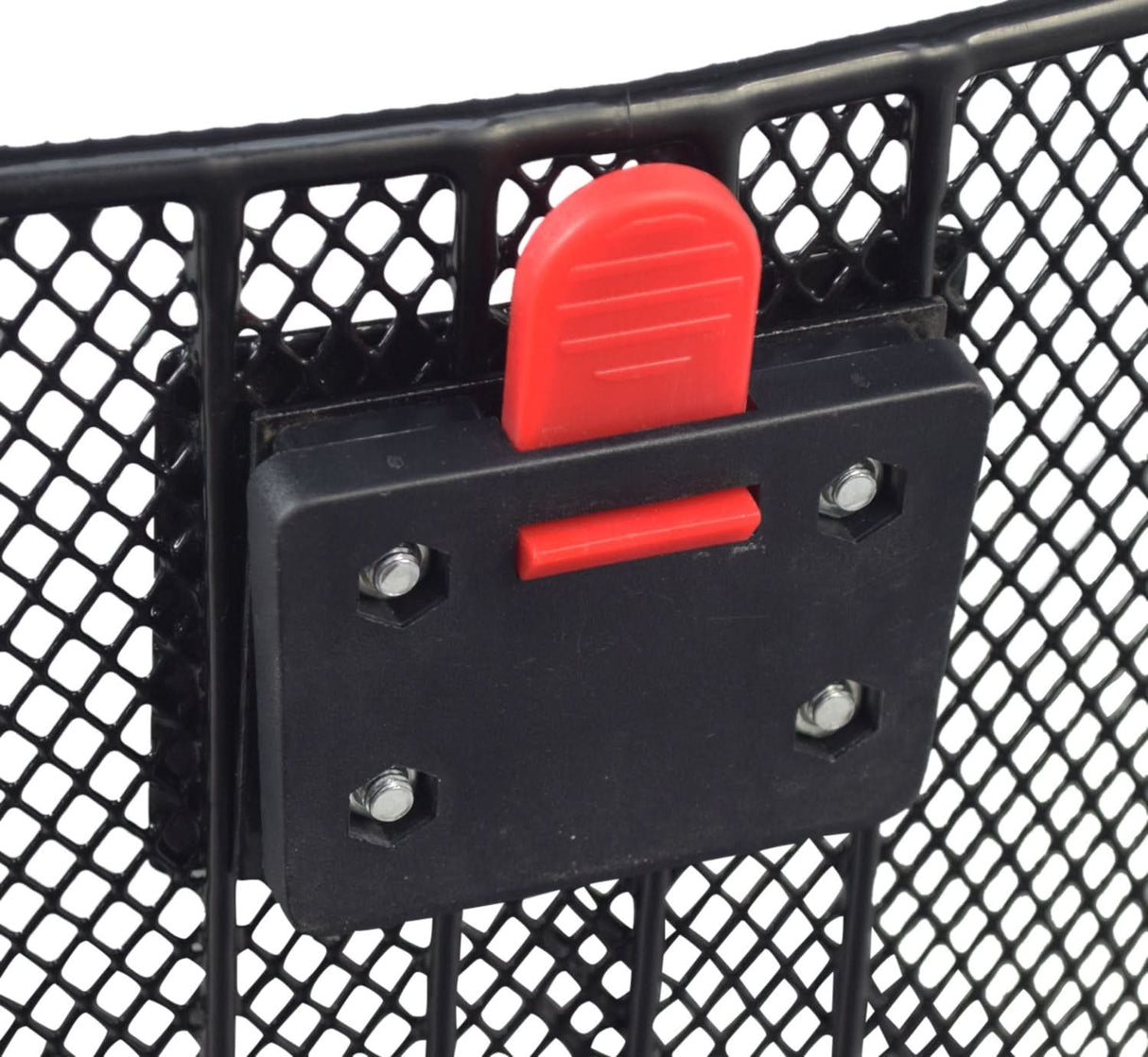 Premium Universal Wire Basket with Quick-Release Mounting Hardware for Bicycles & Scooters, featuring a sturdy steel mesh design with a red handle and bolts for secure attachment.