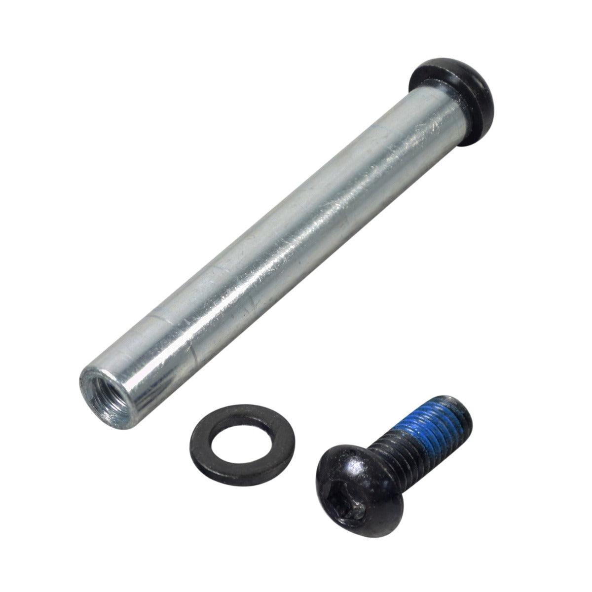 Shoulder Axle for the Ninebot ZING E10 eKickScooter, showing a metal pipe with a screw and bolt, featuring a 5/16 diameter rod, threaded ends, and a close-up of the axle assembly components.