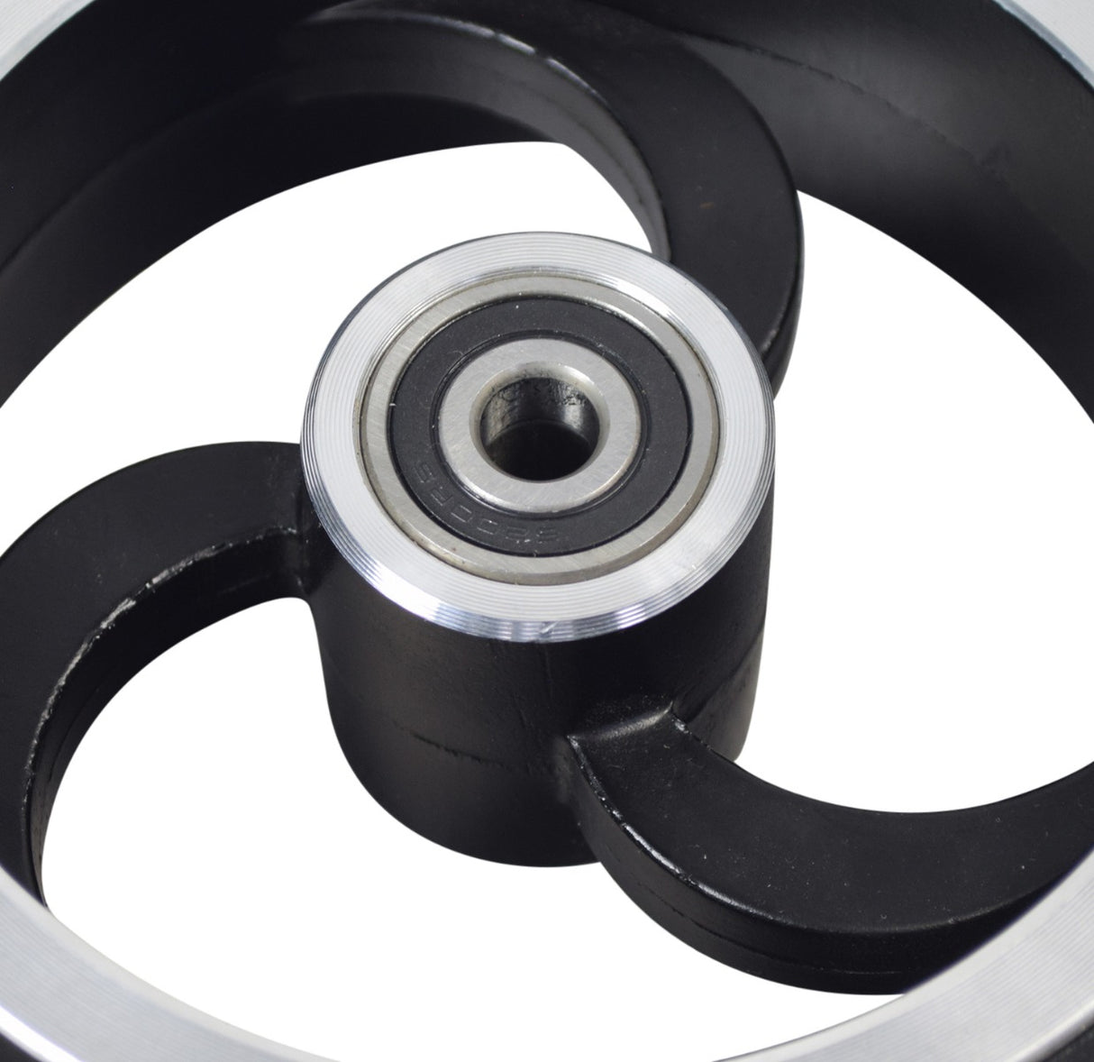 Rear Wheel Assembly for the Hover-1 Rally Electric Scooter featuring a solid urethane tire and 3-spoke rim integrated as a single piece, with pre-installed 6200RS bearings visible.