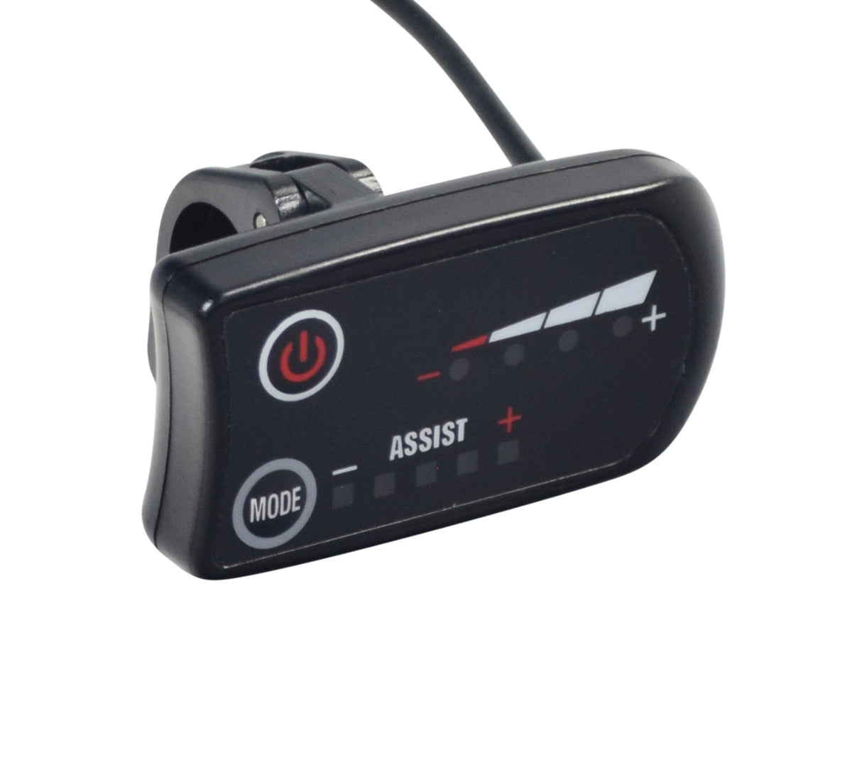 Speedometer Display Console for the ANCHEER 26 350W Electric Mountain Bike, featuring a white and red LED light, power button, mode button, 3-speed control, 7/8 handlebar clamp, and 11 cable connector.