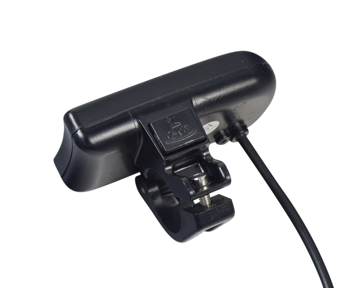 Speedometer Display Console for the ANCHEER 26 350W Electric Mountain Bike, featuring a black device with buttons and a clip, mounted on the handlebar with an 11 cable and connector.