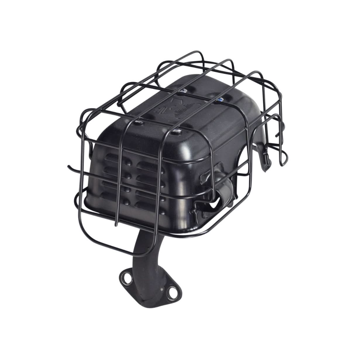 Muffler Assembly with Protective Cage for the Massimo MM-MB100 Mini Bike, featuring a matte black welded metal muffler encased in a gloss black wire mesh steel cage.