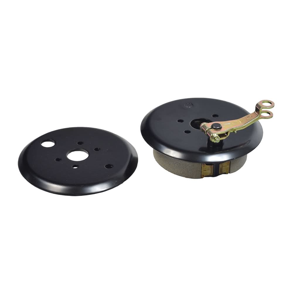 Manual Emergency Brake Assembly for the EV Rider SportRider, featuring a black circular component with a yellow metal handle, close-up of a metal lever, and associated brake hardware.