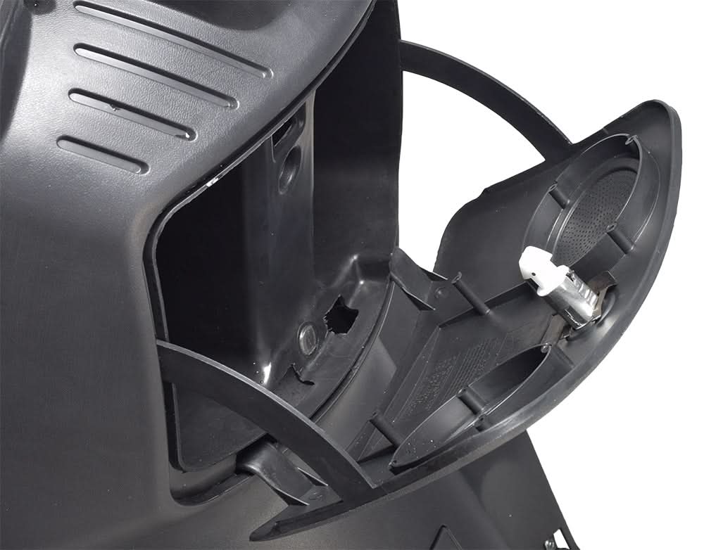 Front Inner Shroud with Glove Box for eWheels EW-36 & EW-36 Elite Scooters, a black plastic body panel with a central white section, grills for round speakers, and a locking glove box.