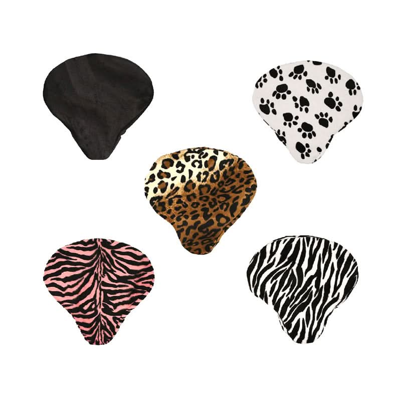 Faux Fur Cruiser Saddle Seat Cover for Bikes & Scooters featuring diverse patterns like leopard, zebra, and paw prints, shown fitted on various bike seats for a stylish, comfortable ride.