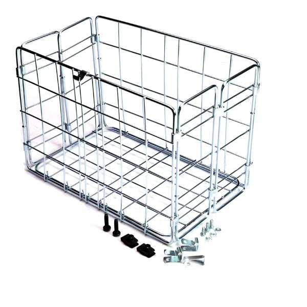 Folding Wire Basket for PaceSaver Power Chairs: A metallic wire basket filled with screws and bolts, designed to fit on PaceSaver power chairs with Comfort Back seats. Mounting hardware is included.