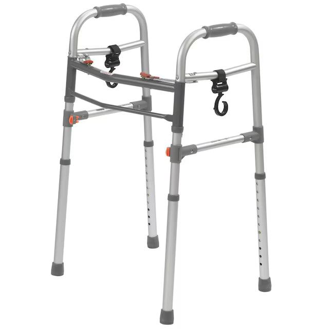 Folding walker with two swivel hook attachments mounted on the side crossbars