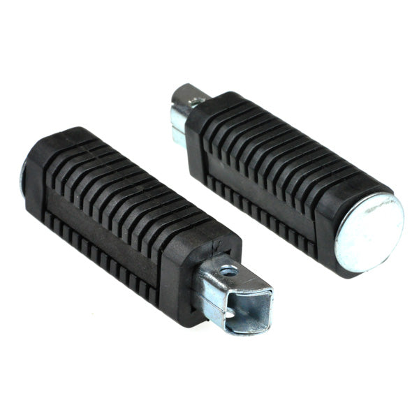 3-3/8 Foot Peg Set for Dirt Bikes & Mini Bikes featuring black plastic foot rests with a rubber grip, close-up of the square metal end, and through hole for secure attachment.