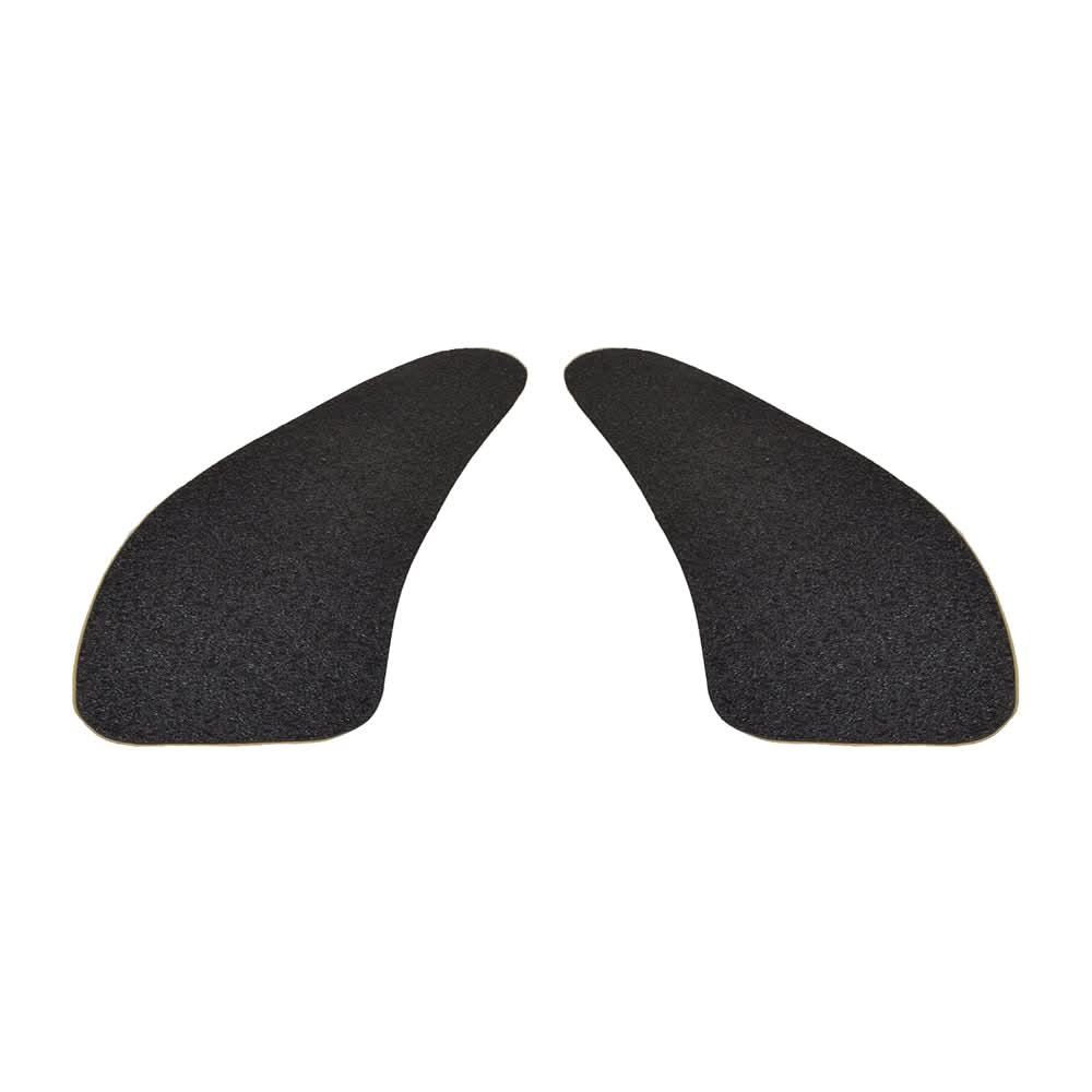 Scuff Guard Footrest Mat for the Pride Victory 3 (SC160/SC1600), a pair of black, teardrop-shaped, textured adhesive stickers designed to prevent shroud scuffing, displayed against a plain background.