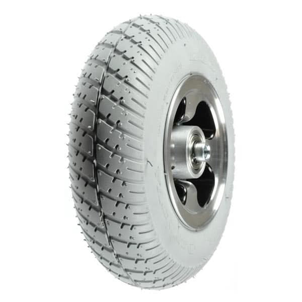 9x3 Foam-Filled Front Wheel Assembly for Amigo EXT350, HD450, MC, and RD, featuring a close-up of a gray tire with a silver rim, showcasing its tread and wheel structure.