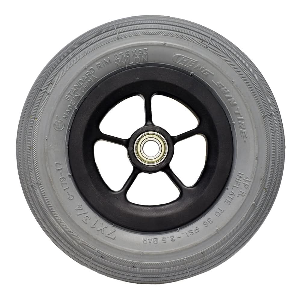 Front Wheel Assembly for the Merits Pioneer 5 DLX (S541) Mobility Scooter, featuring a black rim and tire designed for replacing damaged or worn-out front wheels.