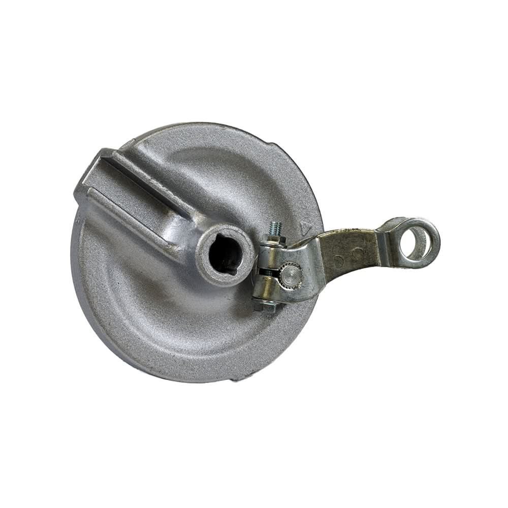 Front Wheel Hub Cover for the Motovox MVX70 Pit Bike: Close-up of a metal part with a screw, designed to protect the front wheel spokes from debris.