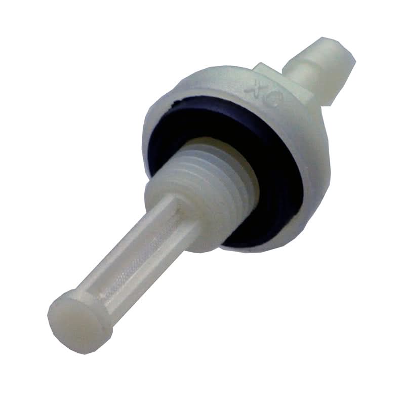 Fuel Line Strainer for the Coleman KT196 196cc 6.5 Hp Go-Kart, showing a white plastic piece with black rubber rings, designed to filter debris from gasoline before reaching the carburetor.