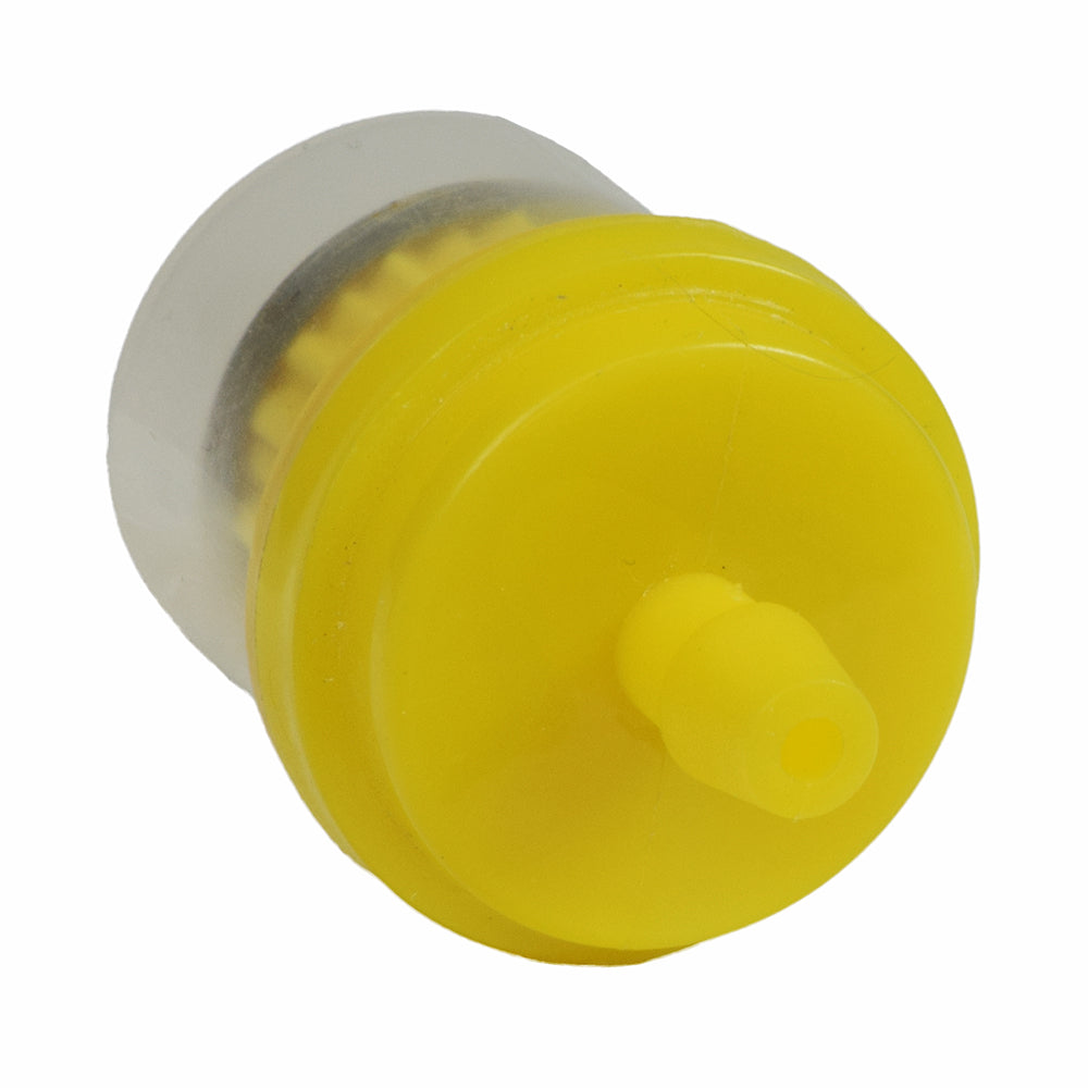 Fuel Filter with Plastic Case for the TaoTao GT5 50 Scooter, featuring a clear and yellow plastic container with a yellow cap, displayed on a white surface.