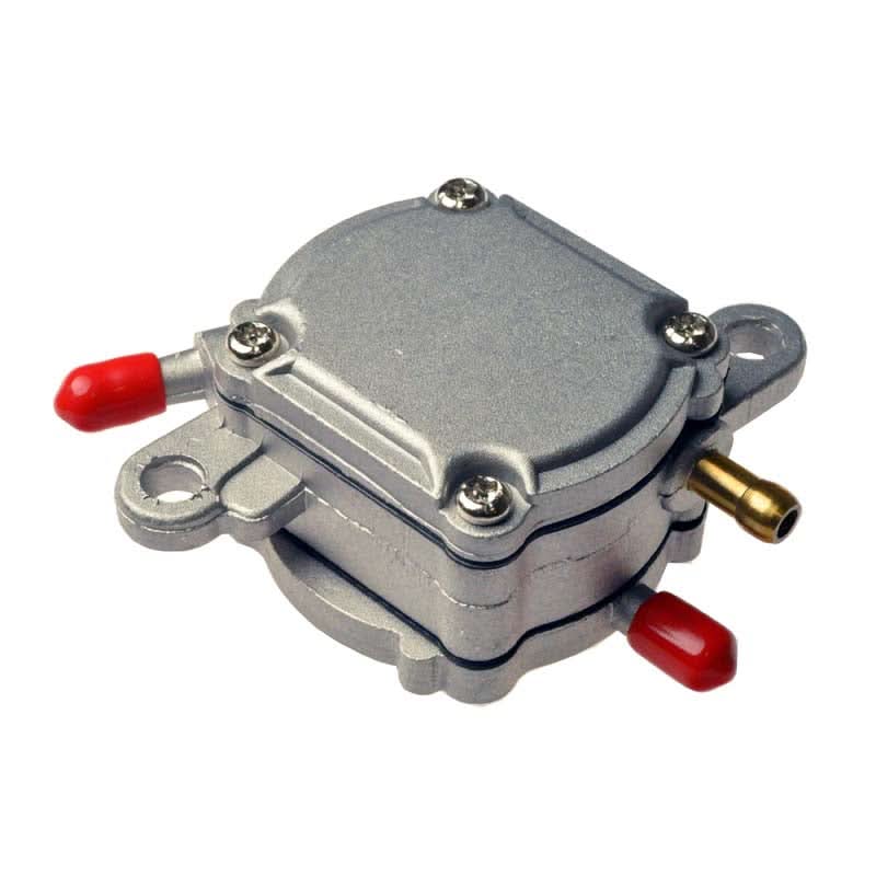 Fuel Pump for 50cc, 125cc, & 150cc QMB139 / GY6 Go-Karts & Scooters featuring a silver metal body with red handles and three hose connectors.