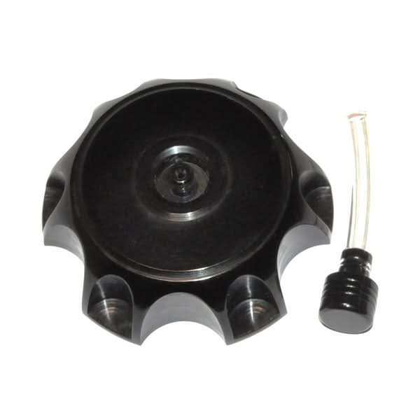 Black Anodized Aluminum Fuel Tank Cap for 150cc-250cc ATVs & Dirt Bikes, featuring a black circular design with a central hole, machined for precision and compatibility with various models.