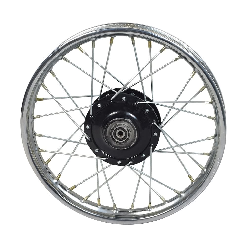 Close-up of the 1.4X14 front rim with spokes for the Baja Dirt Runner DR50, showcasing the wheel's intricate design and robust construction.