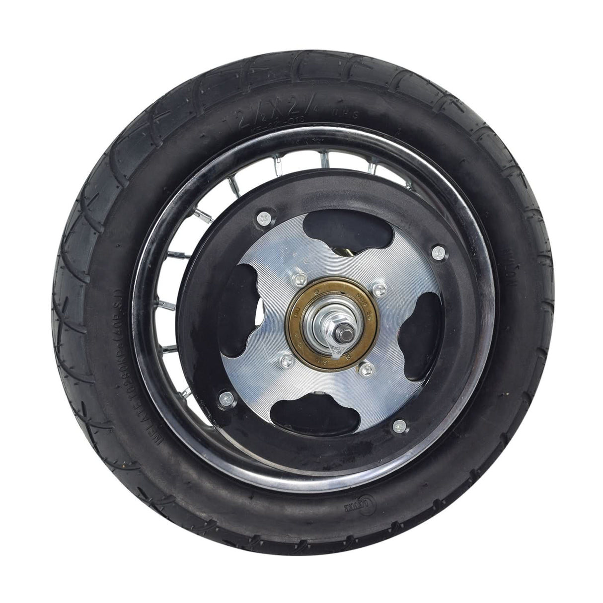 Rear Wheel Assembly with Wire Spoke Rim for the Razor Pocket Mod (Versions 13-30), featuring a 12-1/2 x 2-1/4 tire, tube, rim, and wheel bearings in a close-up view.