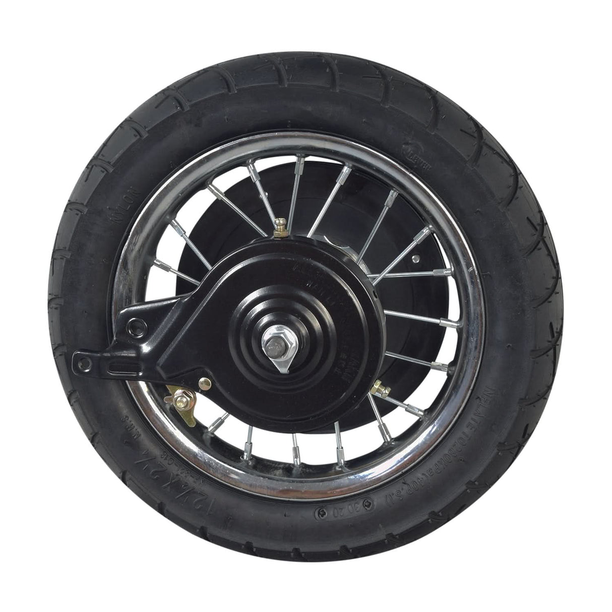 Rear Wheel Assembly with Wire Spoke Rim for the Razor Pocket Mod (Versions 13-30) (Blemished), featuring a close-up of the chrome spoke rim, tire, and hubcap components.