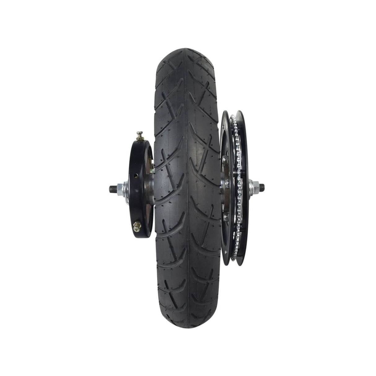 Rear Wheel Assembly with Wire Spoke Rim for the Razor Pocket Mod (Versions 13-30) (Blemished), featuring a close-up of the black tire, metal discs, and spokes, showcasing the complete wheel structure.