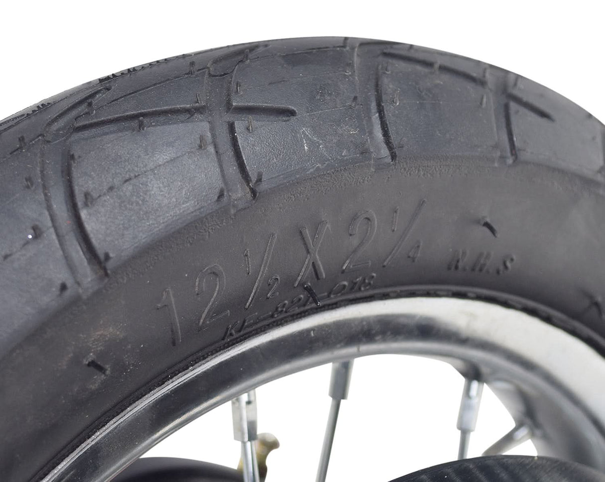 Close-up of the Rear Wheel Assembly with Wire Spoke Rim for the Razor Pocket Mod (Versions 13-30), showcasing the tire tread, wire spokes, and part of the rim.
