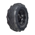 Rear Wheel Assembly with Rim & Tire for the Coleman KT196 196cc 6.5 Hp Go-Kart: A black tire with a black steel rim, featuring a V-tread pattern and splined hub for enhanced performance.