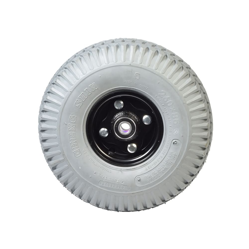 3.00-4 (10x3, 260x85) Pneumatic Front Wheel Assembly for the Golden Technologies Companion II (GC440) featuring a black rim and an air-filled tire designed for a smooth ride on 4-wheel mobility scooters.