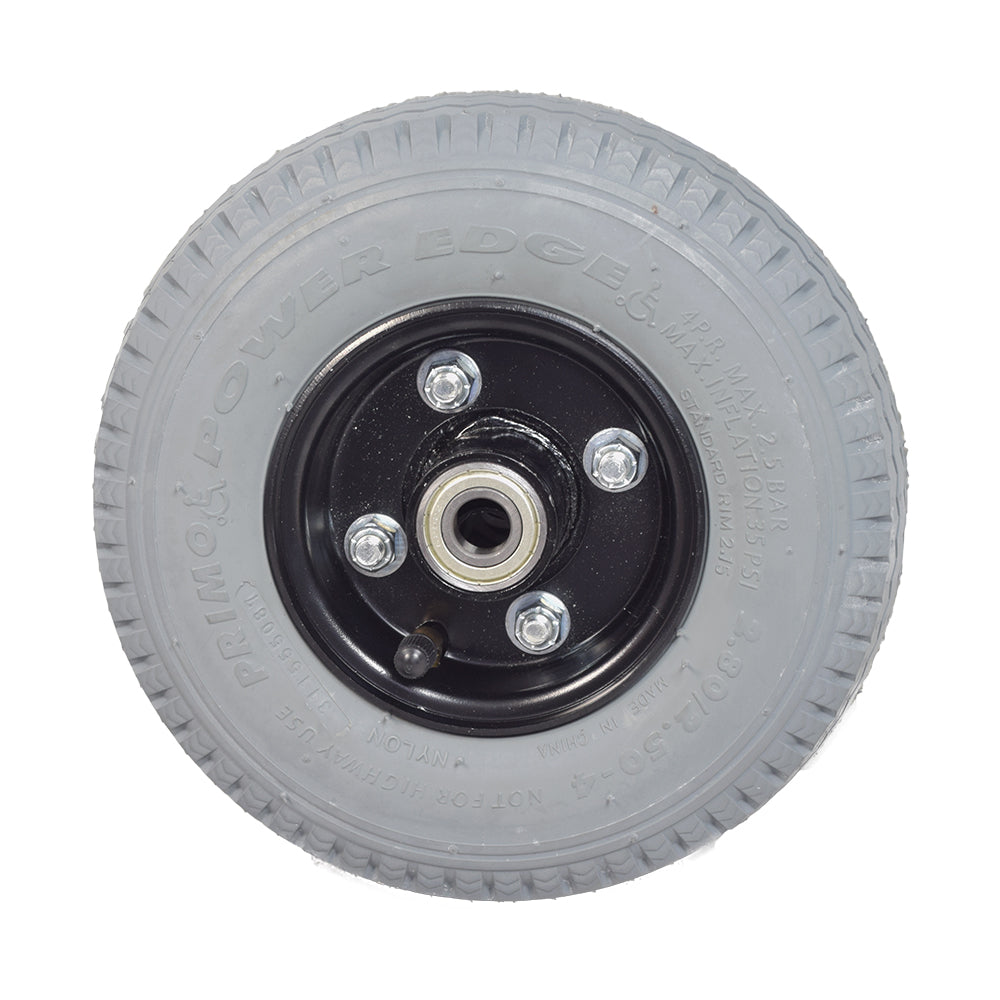 9 (220x75) Pneumatic Front Wheel Assembly for Golden Companion II (GC340) featuring a black rim, visible tire tread, and central hub with nuts and bolts.