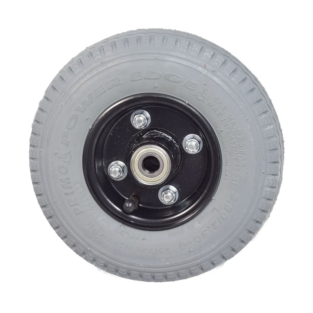9 (220x75) Pneumatic Front Wheel Assembly for Golden Companion II (GC340) featuring a black rim, visible tire tread, and central hub with nuts and bolts.