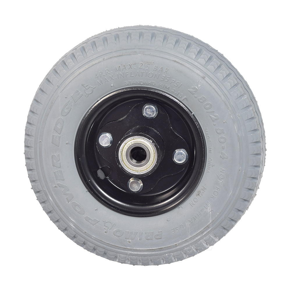 9 (220x75) Pneumatic Front Wheel Assembly for the Golden Companion II (GC340) featuring a black rim and visible tire tread, designed for smoother rides with air-filled pneumatic tires.