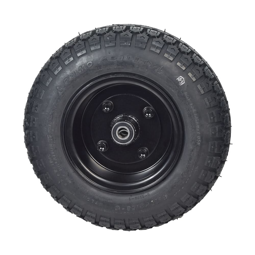 13x4 Pneumatic Front Wheel Assembly for the Golden Patriot (GR575) with a silver rim and a black low-profile tire, featuring a close-up of the tread and metal hub.
