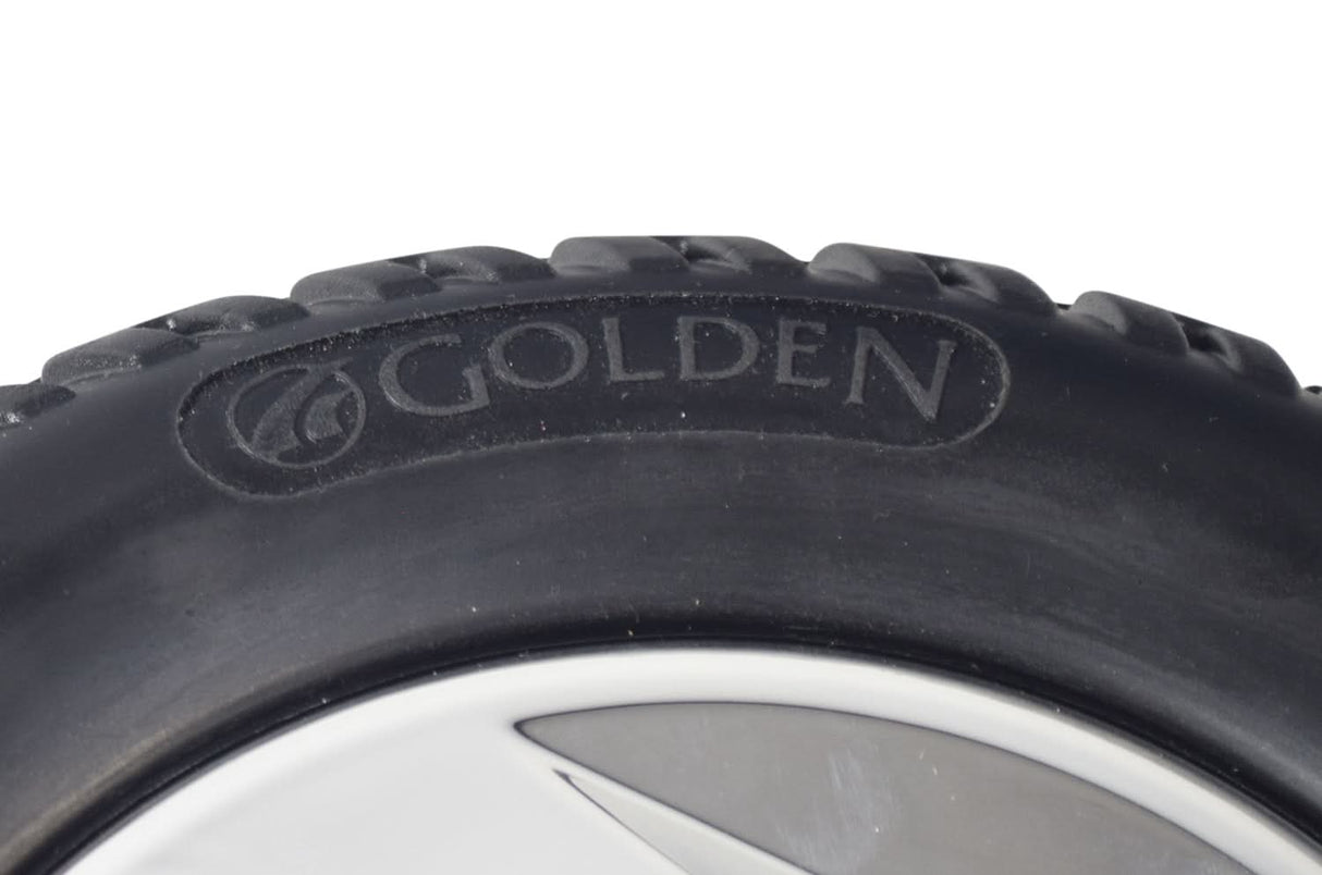 Close-up of the 9 (220x75) Solid Black Front Wheel Assembly for the Golden Technologies Companion I & II (GC240 and GC340) and 3-Wheel LiteRider (GL110) with visible tread pattern.