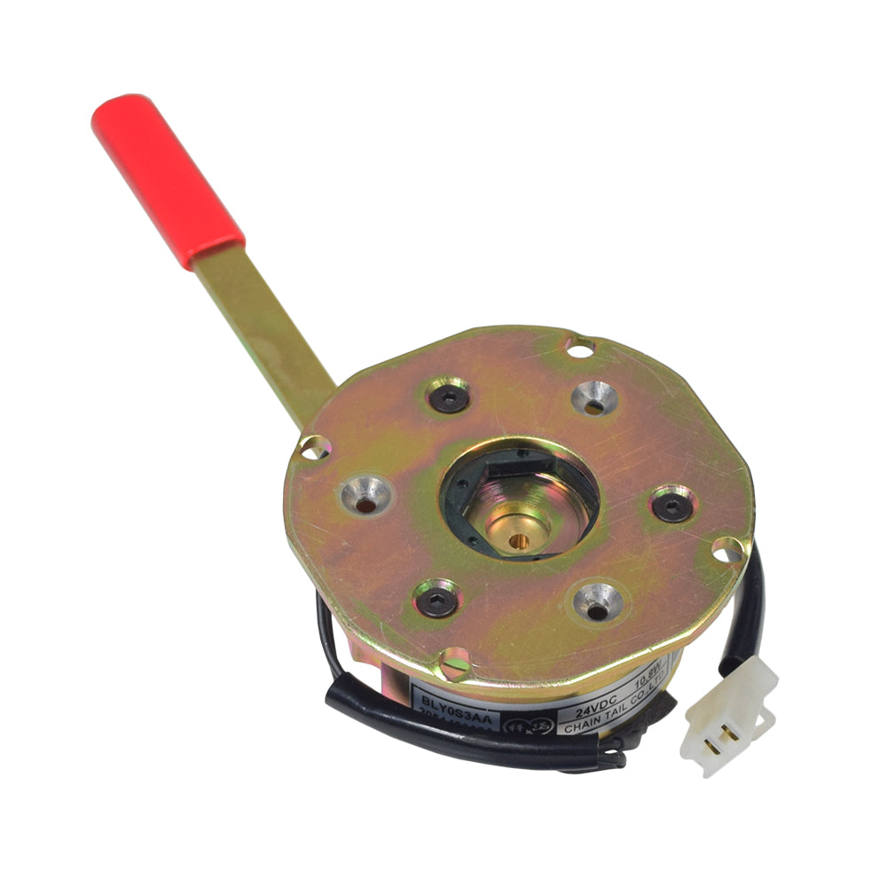 Close-up of the Type 1 brake assembly for Golden Technologies LiteRider, highlighting the freewheel lever and red lever tip.