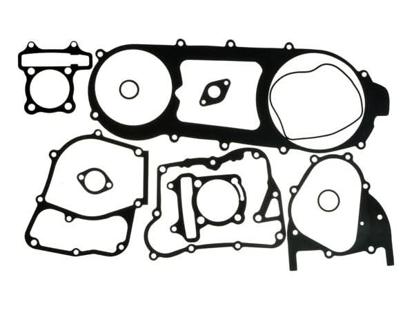 Gasket Set for 150cc GY6 Long Case Scooter & Go-Kart Engines, featuring various-sized gaskets, including a large clutch cover gasket with ten bolt holes, ideal for 12 and 13 rim scooters.