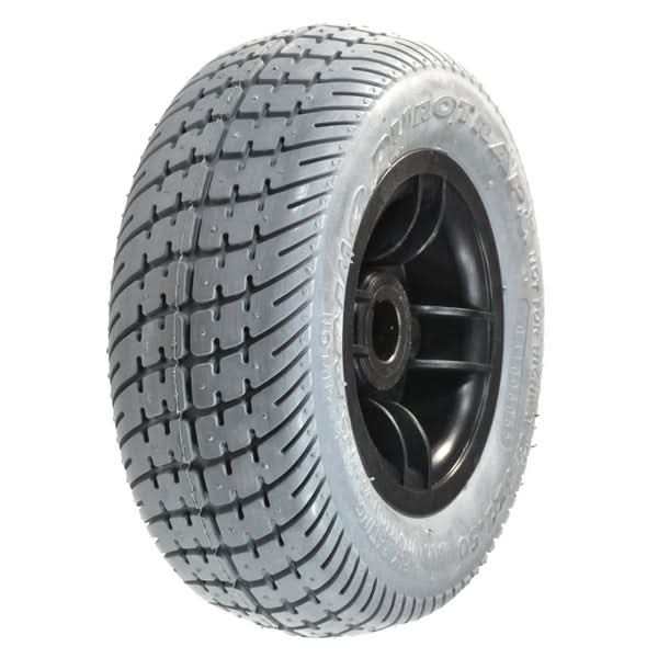 8x2.50 Gray Flat-Free Rear Wheel Assembly for the Go-Go Ultra (SC40U/SC44U) featuring a close-up view of the tire tread and black rim, highlighting the solid, non-marking rubber design.