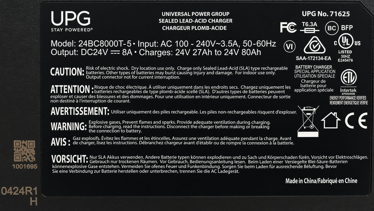 Charger data plate listing UPG specifications, input and output ratings, and UL Listing