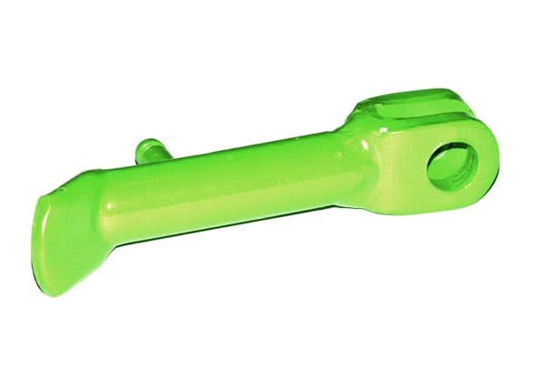 Green Kickstand for the Baja Doodle Bug (Blitz, Dirt Bug, Racer) Mini Bike, showing a green metal object with a hole designed to support the bike when stationary.