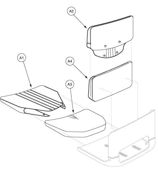 Gray Molded Fabric Seat Base for Pride Shuttle, Rally, and Victory mobility scooters, featuring a contoured design. The inset shows part number A1. The background includes sketches of a laptop, guitar, and face.