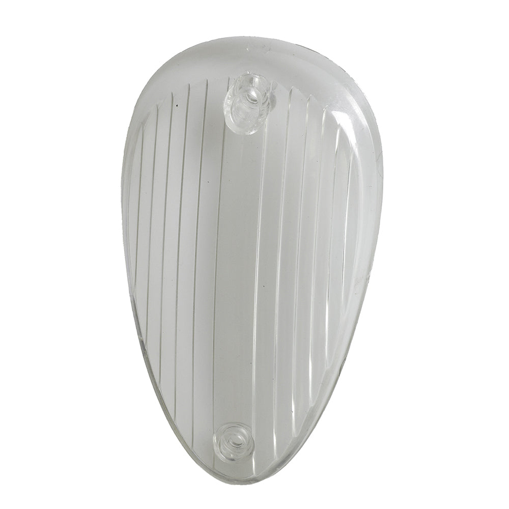Headlight lens for the Pride Victory 3 and 4 (SC1600/1700) and Rally (SC151/155), showcasing a clear plastic cover essential for replacing cracked or cloudy scooter headlight lenses.