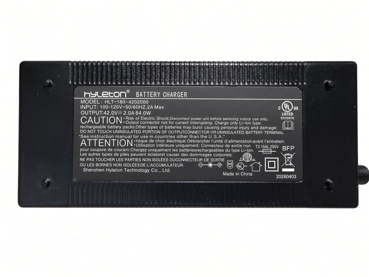 HeyBike Cityscape charger label, model HLT-180-4202000, input 100-120V 2A, output 42.0V 2.0A 84W, UL listed