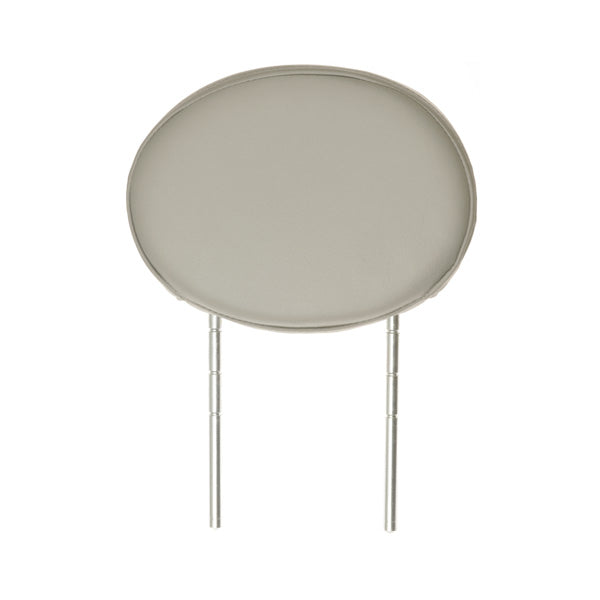 Hi-Back Deluxe Contour Black Vinyl Headrest for Pride scooters and Jazzy power chairs, featuring a white round headrest with two long metal posts for secure mounting.
