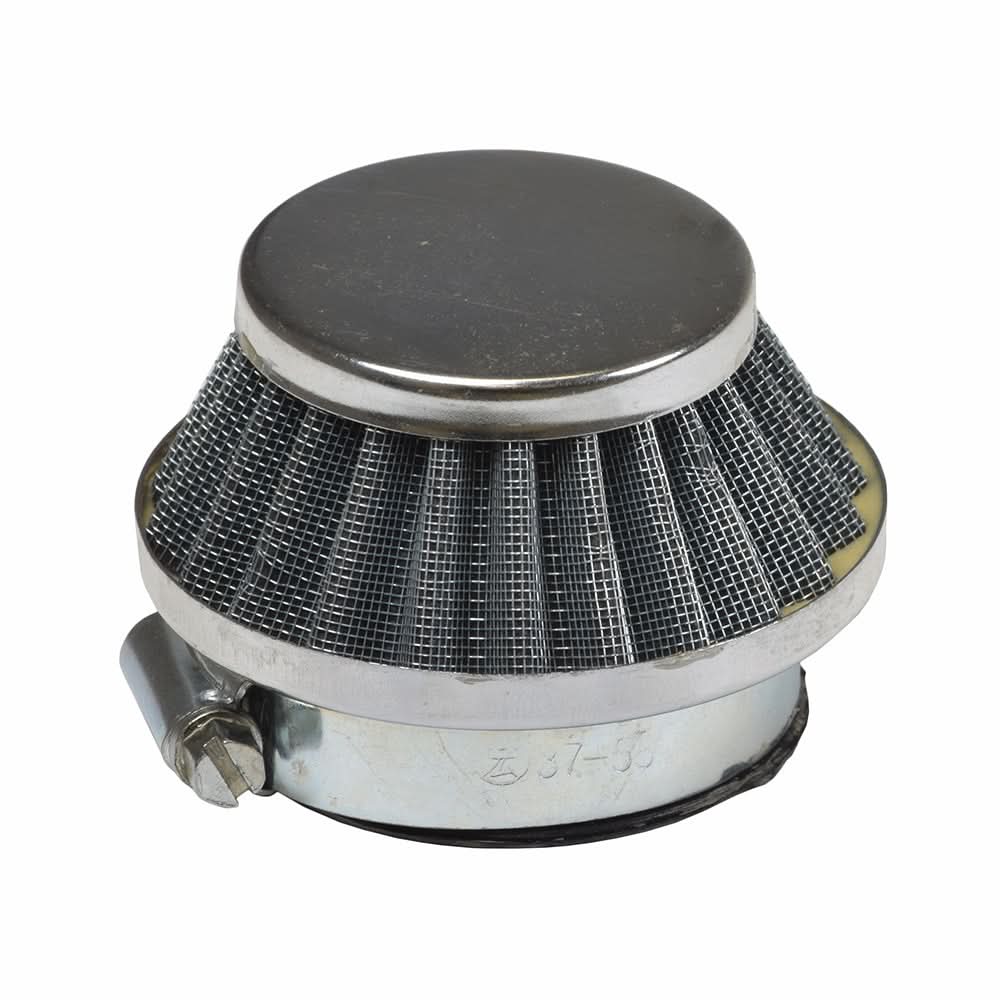 Air Filter with Gray Screen for Gas Scooters, featuring a round metal base and a fine metal mesh, designed to enhance airflow and engine performance.
