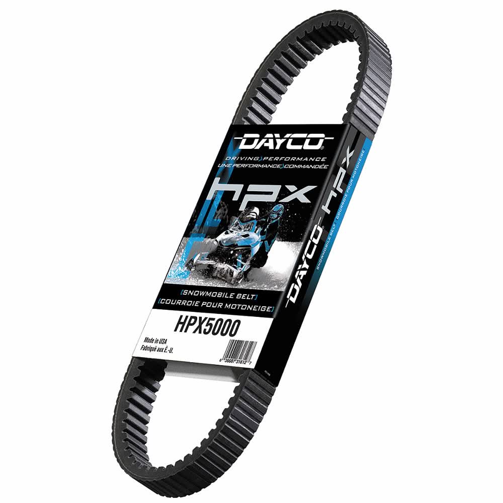 HPX5005 HPX Drive Belt for Snowmobiles by Dayco, featuring a durable label, engineered fiber-loaded neoprene, and a unique double cog design for enhanced flexibility and cooler operation.